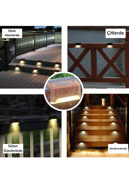 4 Adet Solar Güneş Enerjili Şarj Edilen Köşebent Merdiven Veranda Bahçe LED Lamba 3200K